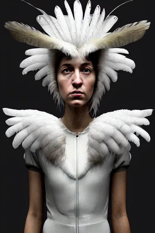 Prompt: epic professional digital art of female human - white - rumped vulture hybrid animal wearing air force jumpsuit, feathered head, owl beak, painting, by lisa roet, reyna rochin, iris van herpen, leesha hannigan, artstation, cgsocietywlop, epic, much wow, much detail, gorgeous, detailed, cinematic, masterpiece