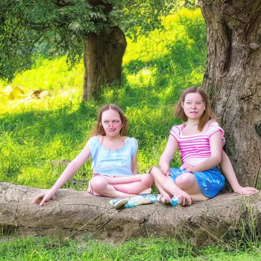 Image similar to Two sisters aged 8 to 9 sitting on the bank, relaxing on a sunny day vintage picture, hyper-realistic, clear day, 8k resolution, maximum detail