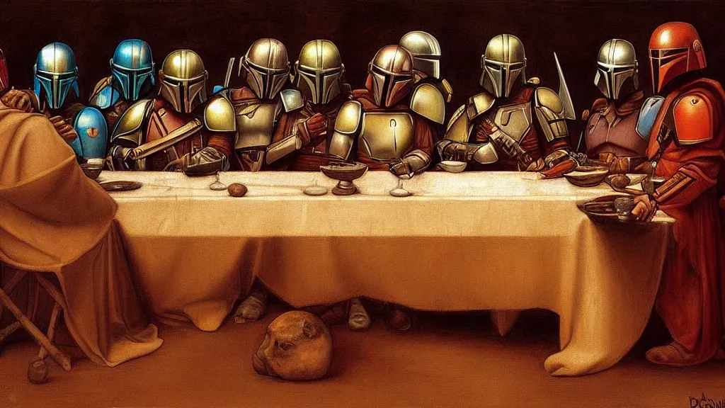 Image similar to mandalorian last supper, by leonardo davinci, concept art, oil painting, art station