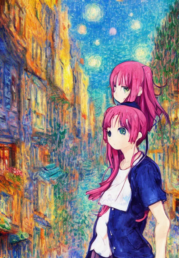 Prompt: wide angle anime portrait of a teenage girl, a thrifty outfit, very anime in impressionist style, city street view background, starlit night sky, trending artwork, anime painter studio, by claude monet