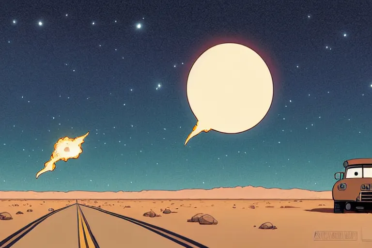 Image similar to a study of a cell shaded cartoon of a giant meteor falling at night on a desert road, full body, wide shot, very muted colors, post grunge, studio ghibli, laurie greasley, highly detailed, deviantart, art by artgem