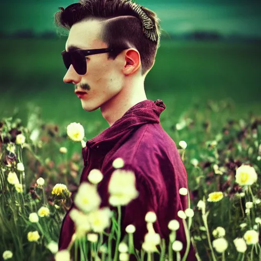 Image similar to kodak portra 4 0 0 photograph of a skinny goth guy standing far back in a field of flowers, wearing bandana on face, moody lighting, telephoto, 9 0 s vibe, blurry background, vaporwave colors, faded!,