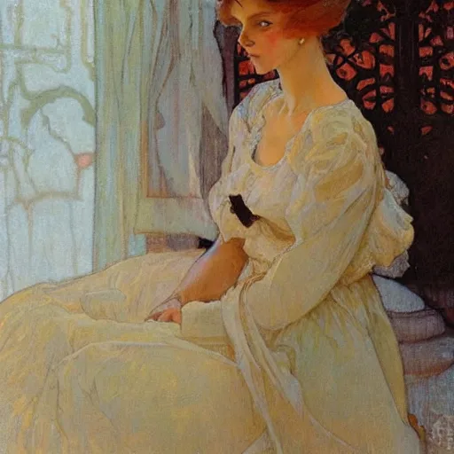 Prompt: portrait of a beautiful woman by gil elvgen, greg manchess, mucha