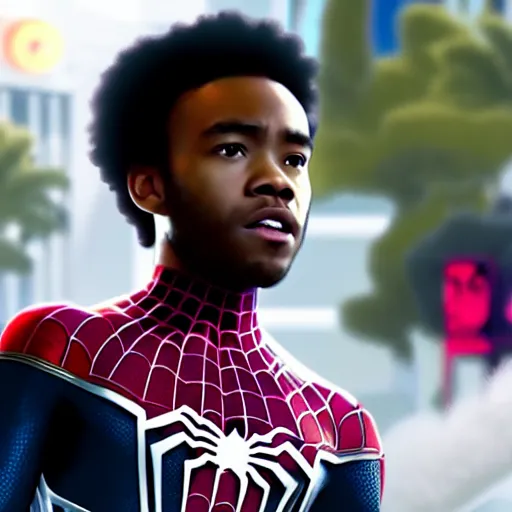 Image similar to young Donald Glover as Spider-Man, miles morales, still from Spider-Man movie, photo, detailed, 4k