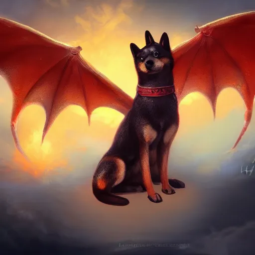 Image similar to an oil painting of a shiba inu with dragon wings, hd, hdr, ue 5, ue 6, unreal engine 5, cinematic 4 k wallpaper, 8 k, ultra detailed, high resolution, artstation, award winning