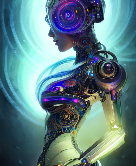 Image similar to whirlwind souls rushing inside metaverse, half body, glowin eyes, tiara, robotic, android, cyborg, cyberpunk face, by loish, d & d, fantasy, intricate, elegant, highly detailed, colorful, vivid color, digital painting, artstation, concept art, art by artgerm and greg rutkowski and alphonse mucha and ruan jia