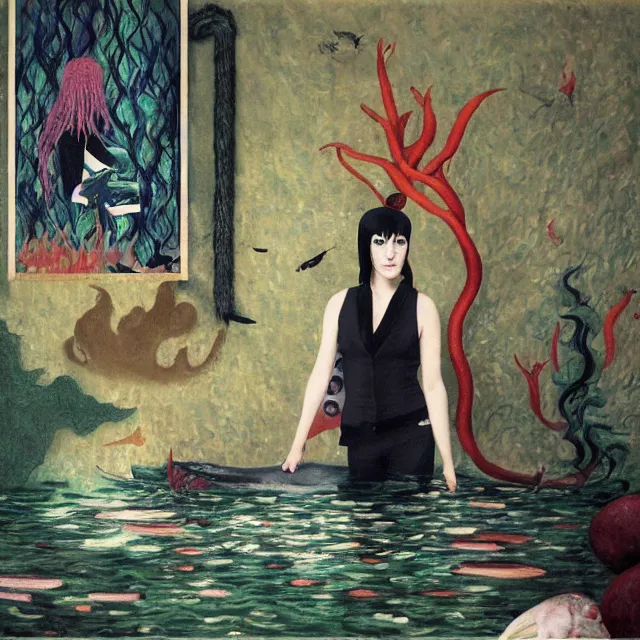 Image similar to tall emo female artist holding a large fish in her flooded apartment, seaweed, pomegranates, octopus, water gushing from ceiling, painting of flood inside an artist's apartment, a river flooding indoors, ikebana, zen, rapids, waterfall, black swans, canoe, berries, acrylic on canvas, surrealist, by magritte and monet