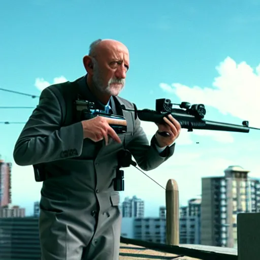 Image similar to Film still of Mike Ehrmantraut aiming with a sniper rifle on a rooftop, 4k, highly detailed