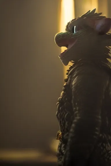 Image similar to very very intricate photorealistic photo of yoshi in an episode of game of thrones, photo is in focus with detailed atmospheric lighting, award - winning details