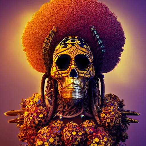 Image similar to a golden skull face african electric shaman with an afro made of flowers, third eye art art by machina infinitum, complexity from simplicity, rendered in octane, mandelbulb 3 d, ambient occlusion, macro photography, tribal, retrowave