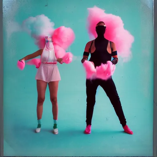 Image similar to polaroid of dancers that are made from cotton candy, smoke and clouds, wearing giant paper masks, mix, DADA collage, texture, lomography, fashion neon light