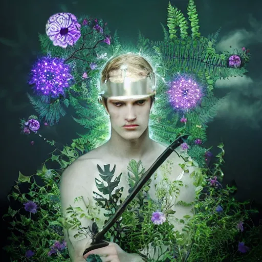 Image similar to half figure shot of a male angelic knight, stern face, clear eyes, shining sword, in a dark forest, shining armour made of steel and flowers, and fractal flowery hair in a fractal garden, glowing delicate flower, berries and ferns that grow in a dark fantasy forest, clear face, peaceful face,