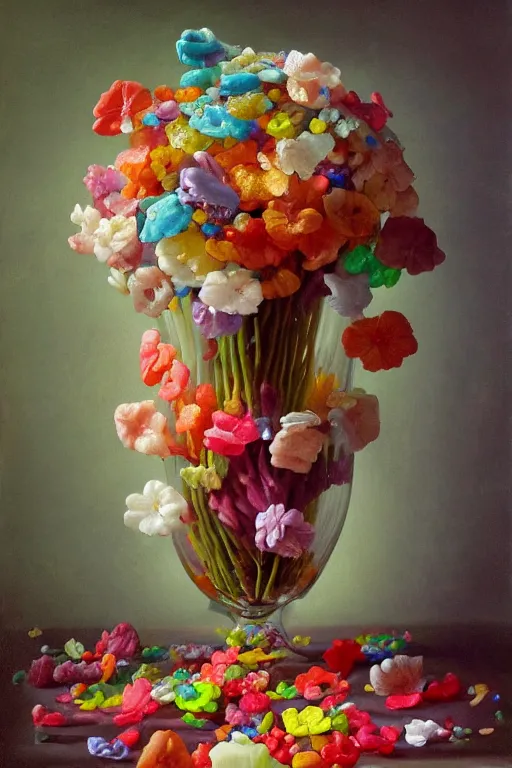 Image similar to painting of gummy flowers in a vase on a table, a surrealist painting by rachel ruysch, trending on deviantart, pop surrealism, surrealist, biomorphic, made of gummy bears flowers and jelly beans flowers, translucent gummy glowing texture