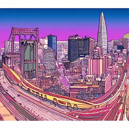 Prompt: an illustration of san fransisco in the style of moebius