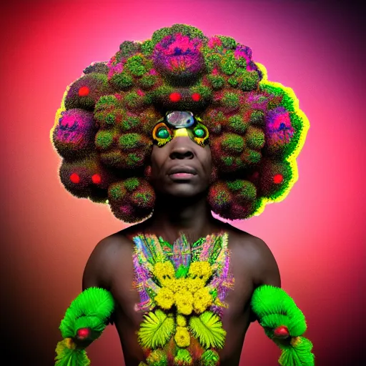 Image similar to an african marijuanna! shaman with an afro made of flowers, third eye art art by machina infinitum, complexity from simplicity, rendered in octane, mandelbulb 3 d, ambient occlusion, macro photography, felt!!! texture, tribal, neon! retrowave