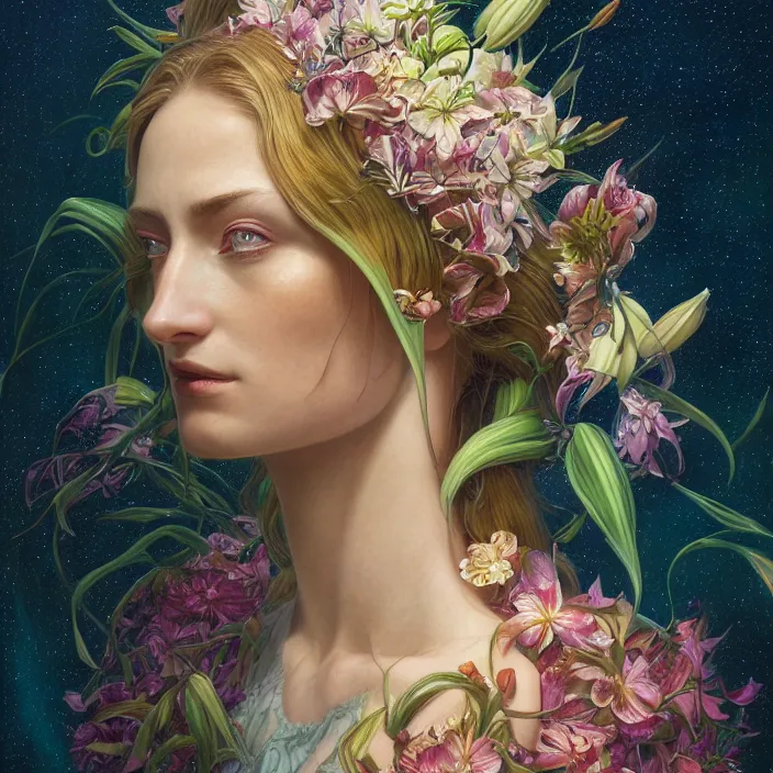 Prompt: portrait of floral lily sophie turner, by dan mumford, moebius, yukito kishiro, barclay shaw, karol bak, jean baptiste monge, high quality, high resolution, smooth 8 k octane rendered with volumetric cinematic dramatic light rutkowsky