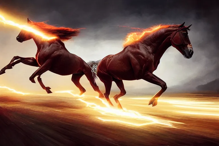 Image similar to a stunning digital painting of a horse as the flash running in the speedforce by greg rutkowski, volumetric light, digital art, fine detail, photorealistic