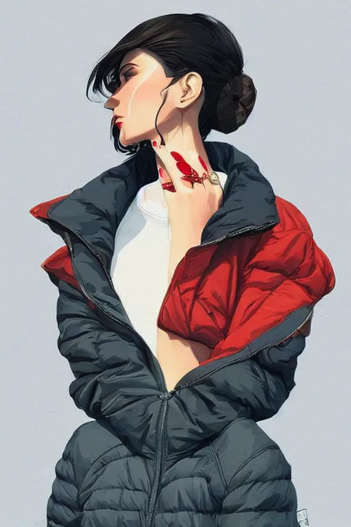 Image similar to a ultradetailed beautiful painting of a stylish woman wearing a puffer jacket, by conrad roset, greg rutkowsk and ilya kuvshinov trending on artstation