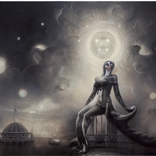 Image similar to By Tom Bagshaw Boris Vallejo, ultra realist soft painting of a curiosities carnival by night, omnious sky, symmetry accurate features, very intricate details, black and white, volumetric light clouds