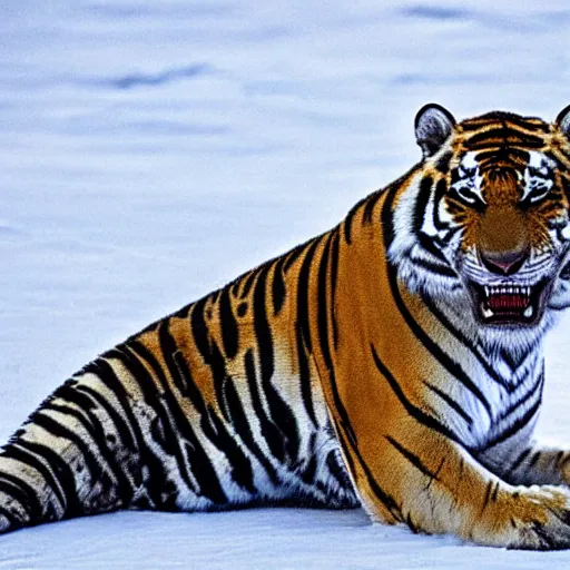 Prompt: A shark tiger hybrid in the Arctic snow. A creature that is half tiger half shark. National Geographic photograph