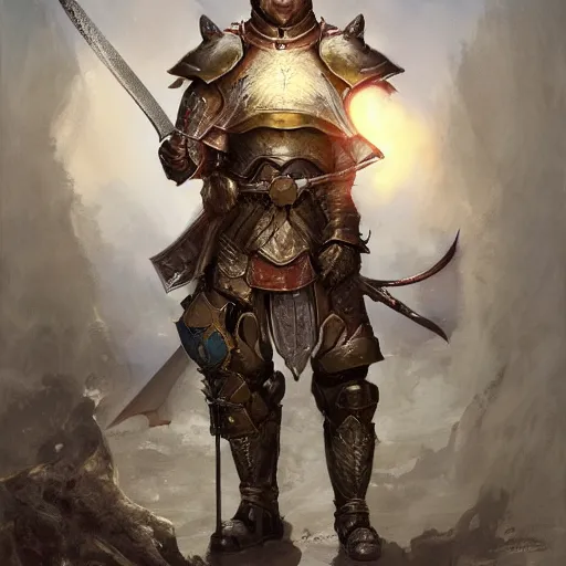 Image similar to anthropomorphic shiba inu, holy paladin armor, holding dragon slayer sword and shield, fantasy, holy light, portrait art by donato giancola and greg rutkowski, realistic face, visible holy aura, digital art, trending on artstation, symmetry