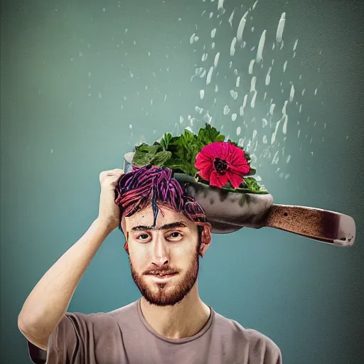 Image similar to man pouring water on head, flowers are in a pot on his head, the pot is part of his head, high detail, 8K digital art