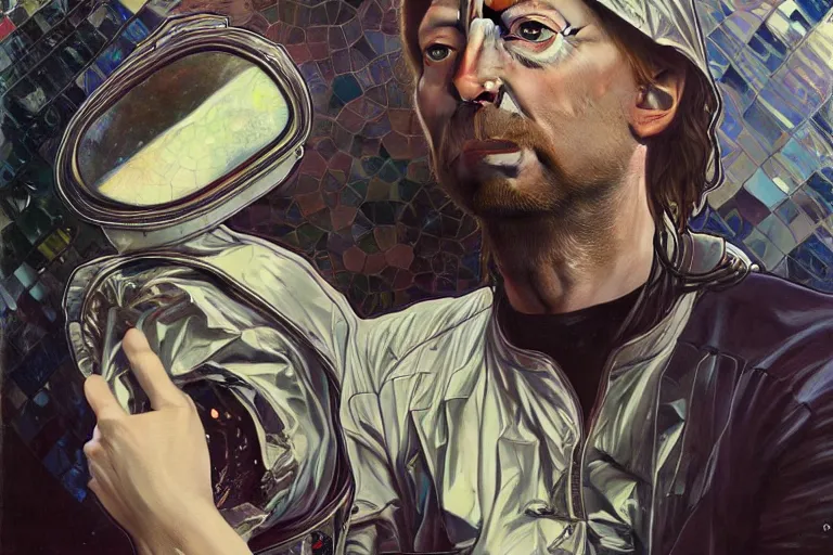 Prompt: hyper realistic portrait of thom yorke singer songwriter, side, liminal space, spacesuit, waterline, reflections, by lee bermejo, alphonse mucha and greg rutkowski