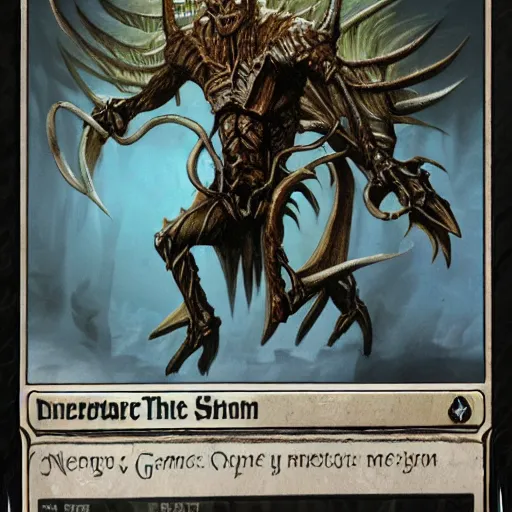 Prompt: magic the gathering card art depicting a demon made of bone and metal and sinew, long head, hi - res scan, gestural, eeire