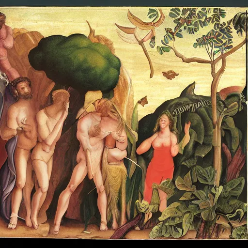 Image similar to God angry in the Garden of Eden. Eve and Adam look guilty