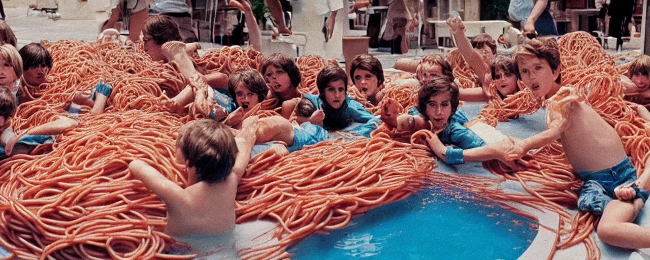 Prompt: 1 9 8 0's kids playing in a pool of spaghetti, detailed, canon 2 0 mm, wes anderson, kodachrome