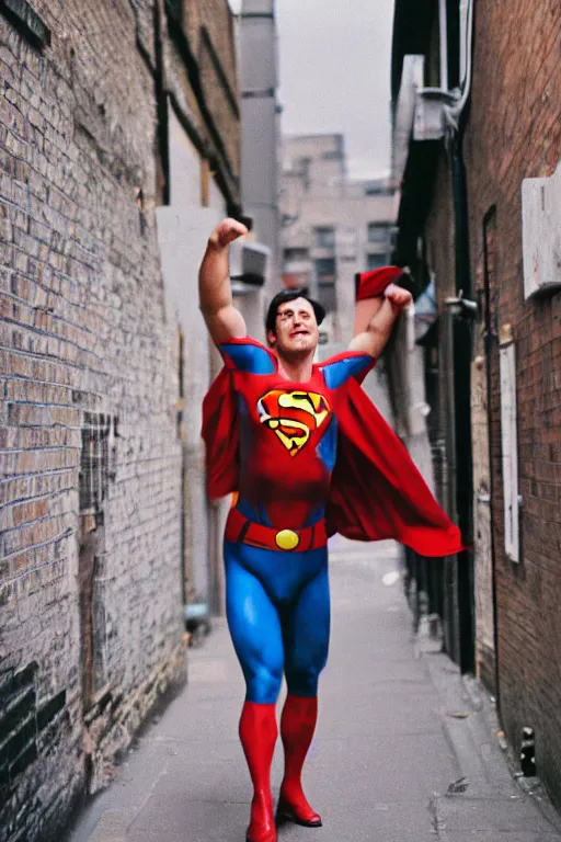 Prompt: 35mm photo of a drunk superman in a London alley