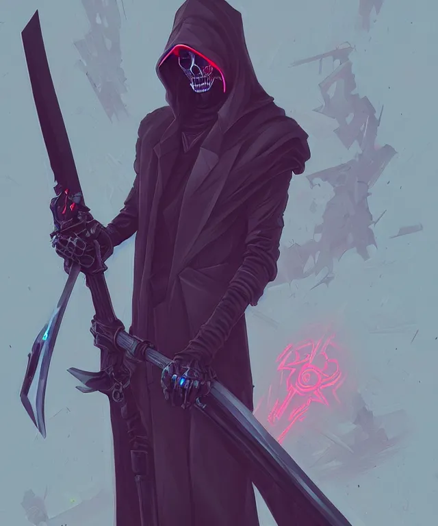 Image similar to a portrait of a cyberpunk grim reaper holding a scythe, fantasy, elegant, digital painting, artstation, concept art, matte, sharp focus, illustration, art by josan gonzalez