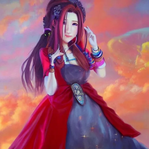 Image similar to dreamy colorful portrait oil painting of aerith gainsborough from from final fantasy 7 in her signature red dress with the steam punk city midgard as backdrop, by master artist yoshitaka amano trending on artstation