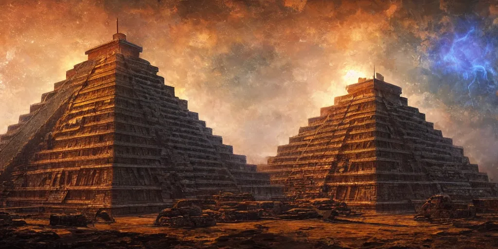 Prompt: Golden City mayan pyramid, temple, amazon, with blue light inside, chaos, drone view, inspiration artstation, by Craig Mullins,highly detailed, digital painting, masterpiece, golden hour, 8k photography