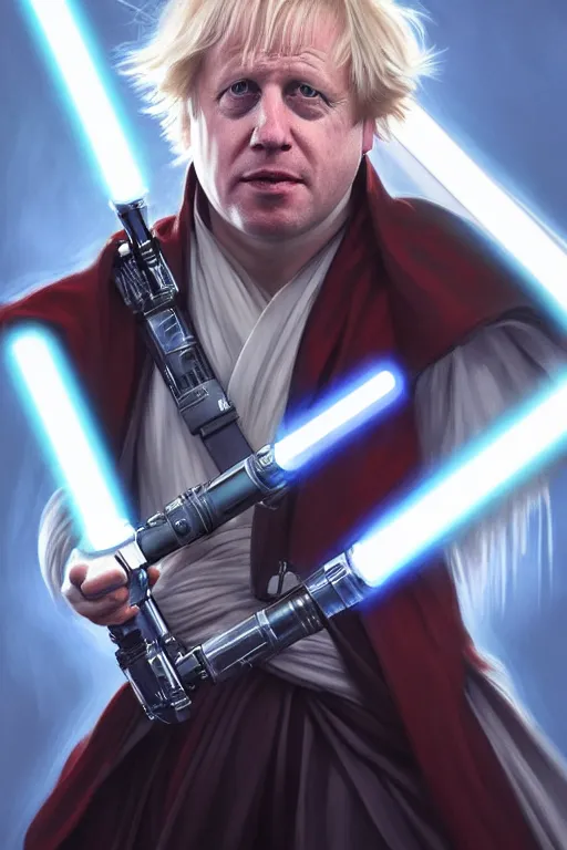 Image similar to Boris Johnson as a Jedi from Star Wars, Union Jack light saber, realistic portrait, symmetrical, highly detailed, digital painting, artstation, concept art, smooth, sharp focus, illustration, cinematic lighting, art by artgerm and greg rutkowski and alphonse mucha