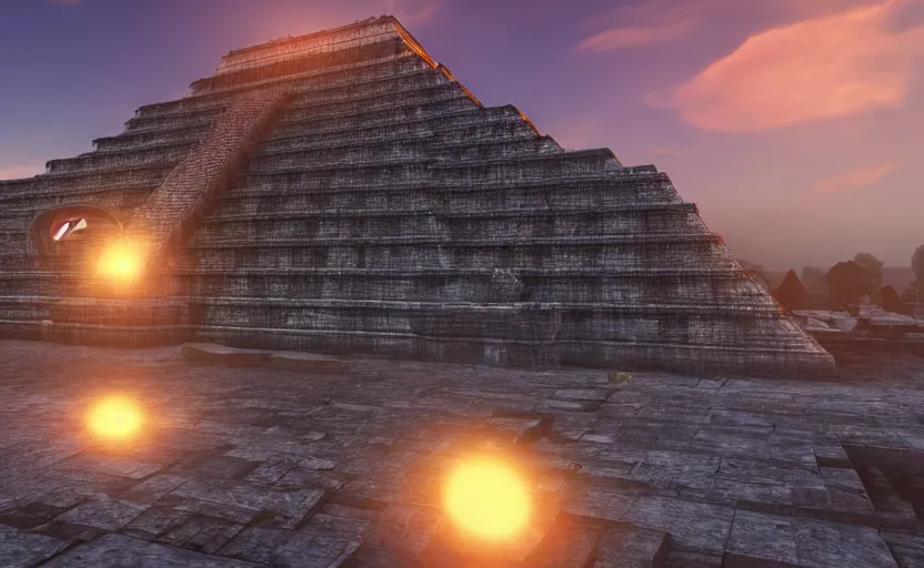 Image similar to crystal tetrahedron in the middle of an aztec temple, sunset, godrays, orange and blue sky, volumetric lighting, a high - quality render, photorealistic, unreal engine 5