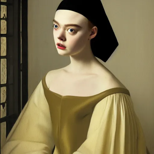 Prompt: a striking hyper real painting of Elle Fanning at night by Johannes Vermeer