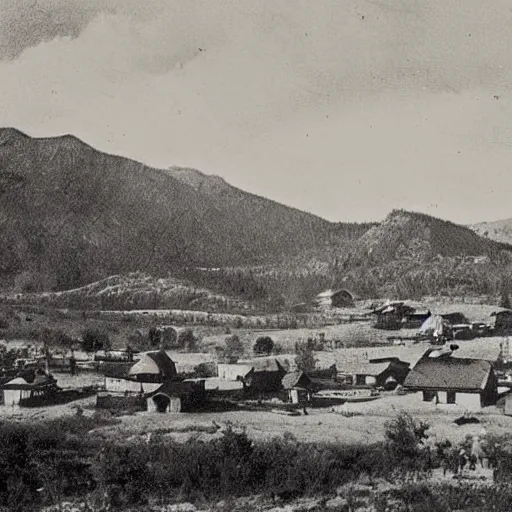 Prompt: A beautiful Wild West town in the Rocky Mountain foothills. 1871, old photograph