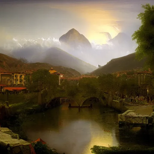 Image similar to bogota, colombia, painted by thomas cole, with dramatic lighting, concept art, matte painting, 8 k, highly detailed, artstation