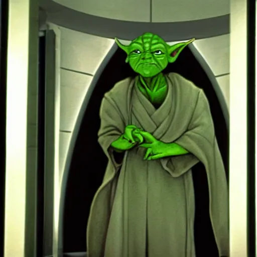 Image similar to master yoda using the urinal in the bathroom of the death star, movie scene from star wars 1 9 9 9