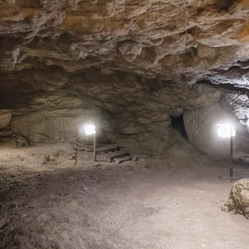 Image similar to a fighting stone-arena, inside a cave, with torches on the walls