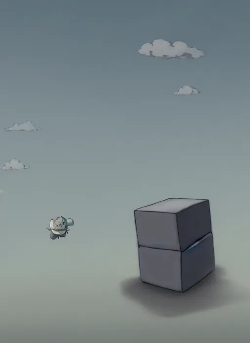 Prompt: a cell - shaded studio ghibli concept art study of a grey cube in the sky. a fighter shot is chasing the cube. wide shot, very dull colors, hd, 4 k, hq