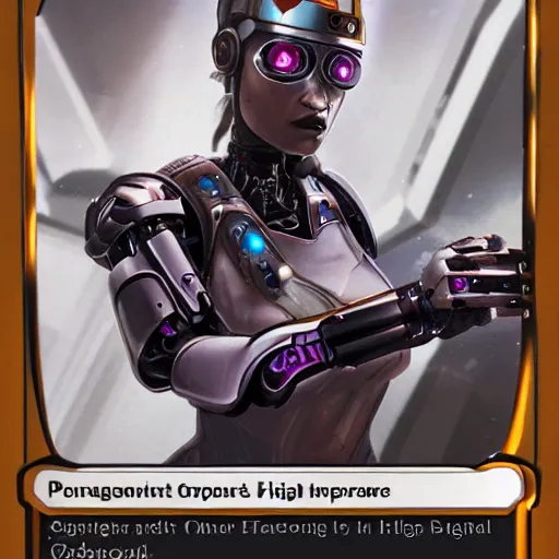 Image similar to portrait of a female cyborg character, chrome, vr headset, wires, side profile, in style of a magic the gathering trading card with high details