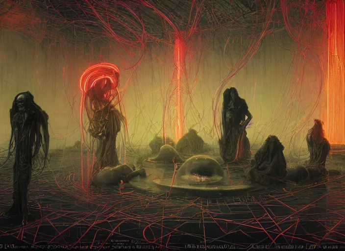 Image similar to satanic ritual, neon, they are watching, RGB, glowing wires everywhere, pristine, by Edgar Maxence and Ross Tran, Zdzisław Beksiński, and Michael Whelan, distant, gustav dore, H.R. Giger, 8k, octane render