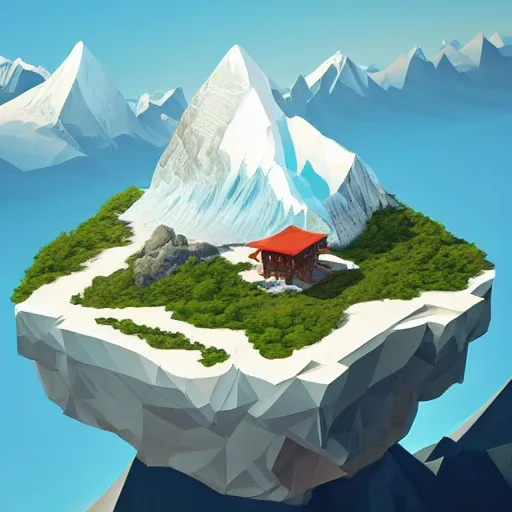 Image similar to a beautiful floating island with everest landscape isometric art, low poly art, game art, artstation, 3D render, high detail, cgsociety, octane render, sharp focus