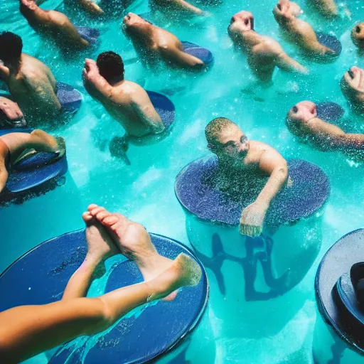 Prompt: people walking with weights in their hand on the bottom of a pool, underwater