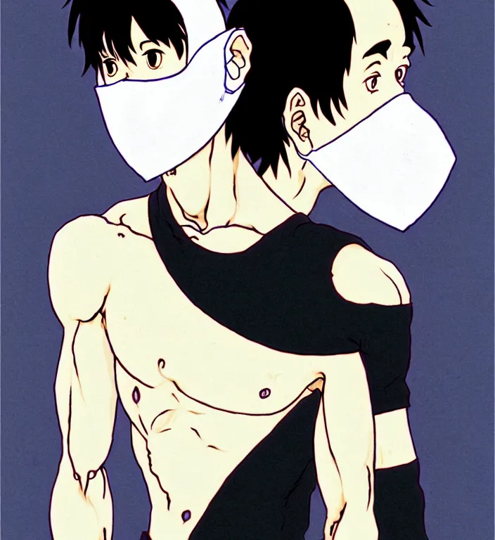 Image similar to white man with black fabric mask, short dark hair, true anatomy!, art by hayao miyazaki