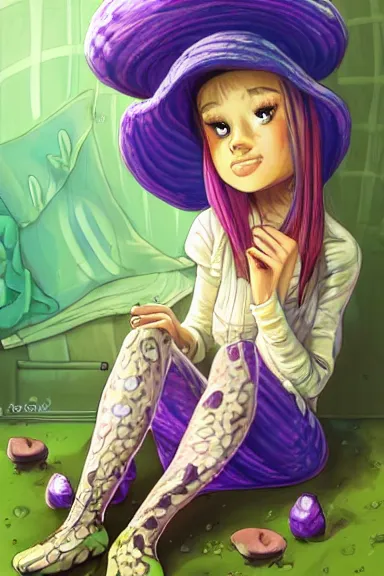Prompt: a beautiful girl wearing a mushroom hat in dress sitting on her bed with a slime in her lap | | purple hair with braids, pretty face, sharped details, art by jasper ejsing and lois van baarle, trending on pixiv, anatomically correct, perfect composition, symmetrical, fascinated