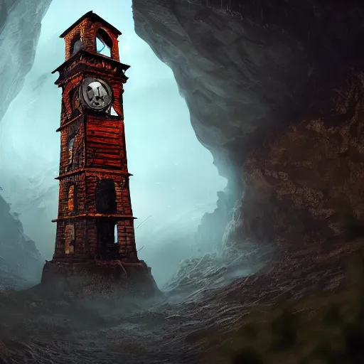 Image similar to an abandoned old rusty clocktower in a dark enormous cave dream photography, painting, perfectly balanced light, digital art, unreal engine, trending on artstation,