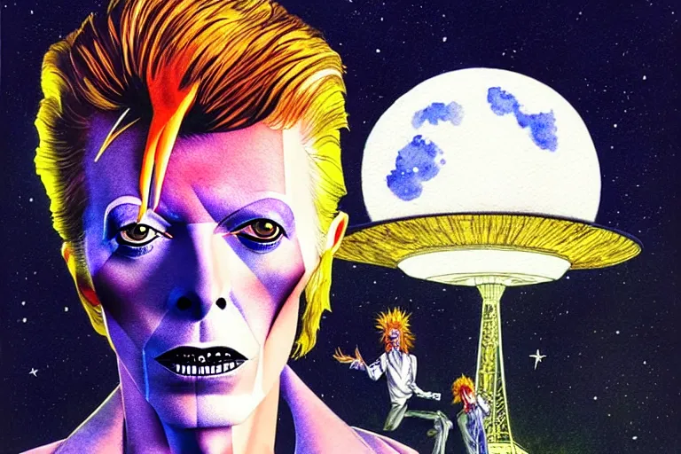 Image similar to a hyperrealist watercolour character concept art portrait of david bowie on a full moon well lit night in las vegas. a ufo is in the background. by rebecca guay, michael kaluta, charles vess and jean moebius giraud